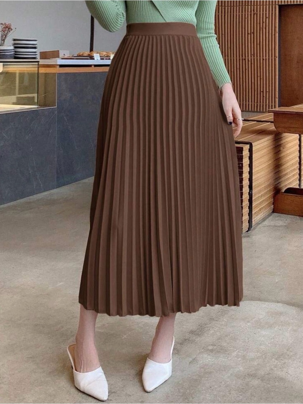 Brown Pleated Midi Skirt